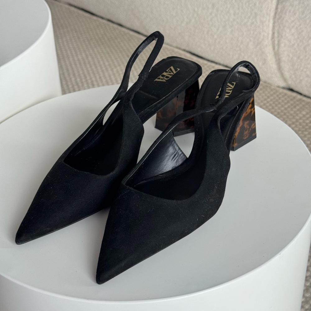 Zara Black Slingback Heels with Tortoiseshell Block Heel